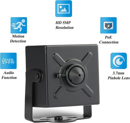 TSEye Mini 5MP PoE IP Camera, Built in Microphone, 3.7mm Lens, Ultra HD 2880 x 1620P@20fps, Tiny PoE Home Security Cam with Audio CCTV P2P Surveillance (I706-2-P-A-TS Metal)