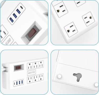 BESTEK 8 AC Outlet, 12 Feet Extension Cord Power Strip with 3 USB-A 2.4A 1USB-C 3A, MAX Output 1625W 13A, 600Joule, Ultra-Compact Wide Spaced Outlet for Large Plug