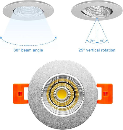 LightingWill 2Inch LED Recessed Ceiling Light, 3W Dimmable LED Downlight, 60 Beam Angle COB Recessed Lights with Driver, Daylight White 5000K-5500K, 25W Halogen Bulbs, Silver 1Pack