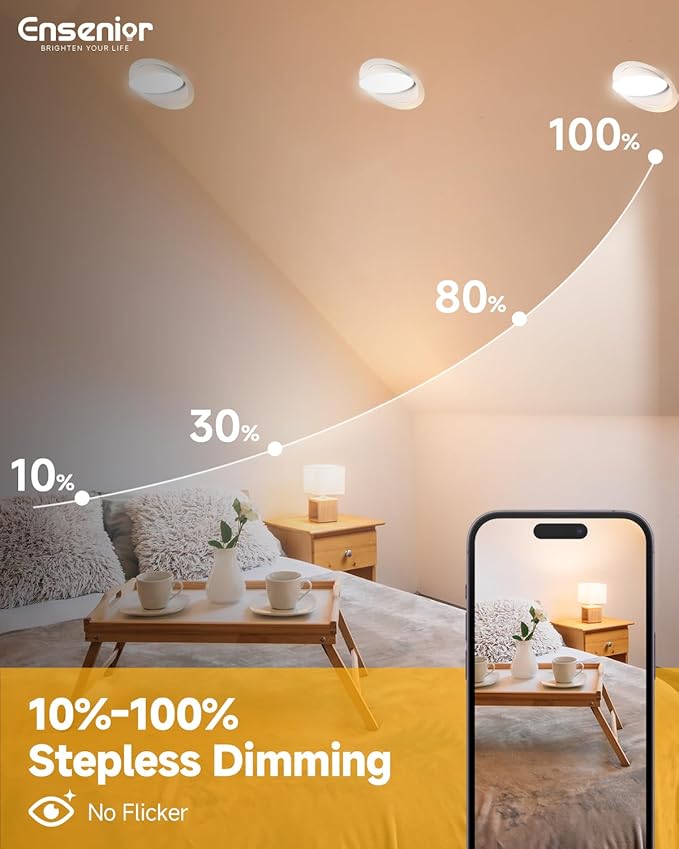 Ensenior 4 Pack 6 inch 5CCT LED Eyeball Recessed Lighting, 360°+90° Rotatable, Dimmable Gimbal Recessed Lights, CRI90+, Canless Angled Adjustable Ceiling Downlight, 1300LM, 12W=115W, 120V - ETL&FCC