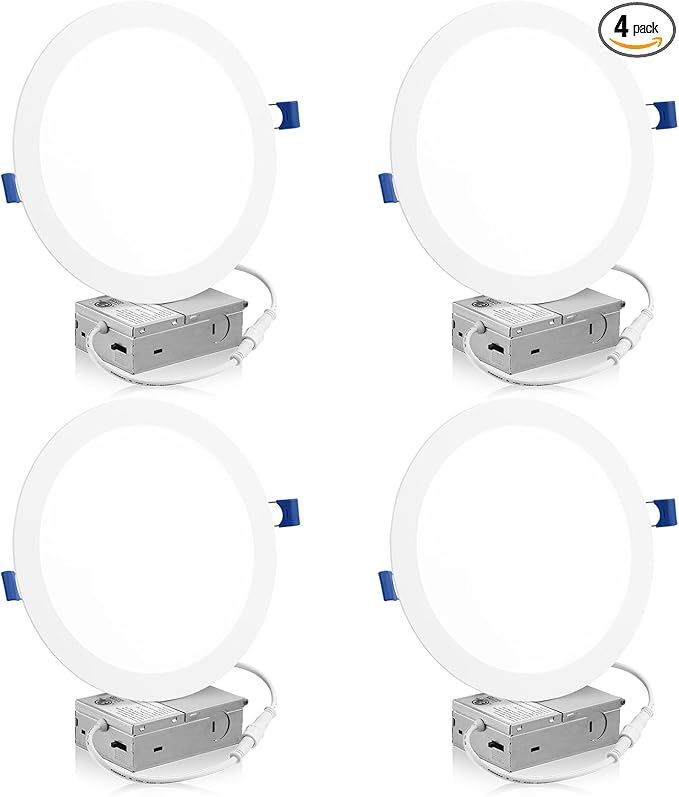 Meconard 4 Pack 8 Inch 5CCT LED Recessed Ceiling Light with Junction Box, 2700K/3000K/3500K/4000K/5000K Selectable Ultra-Thin Lighting, Dimmable 18W=125W, 1500LM, IC Rated Can-Killer Downlights, ETL