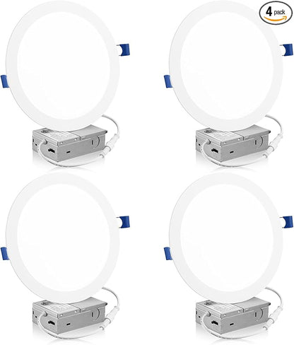 Meconard 4 Pack 8 Inch 5CCT LED Recessed Ceiling Light with Junction Box, 2700K/3000K/3500K/4000K/5000K Selectable Ultra-Thin Lighting, Dimmable 18W=125W, 1500LM, IC Rated Can-Killer Downlights, ETL