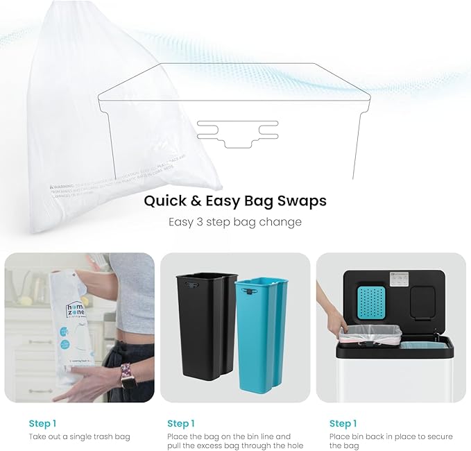Home Zone Living 19 Gallon Kitchen Trash Can with Dual Compartments for Recycling, CleanAura Odor Control, Stainless Steel, Matte White, 70 Liters Total