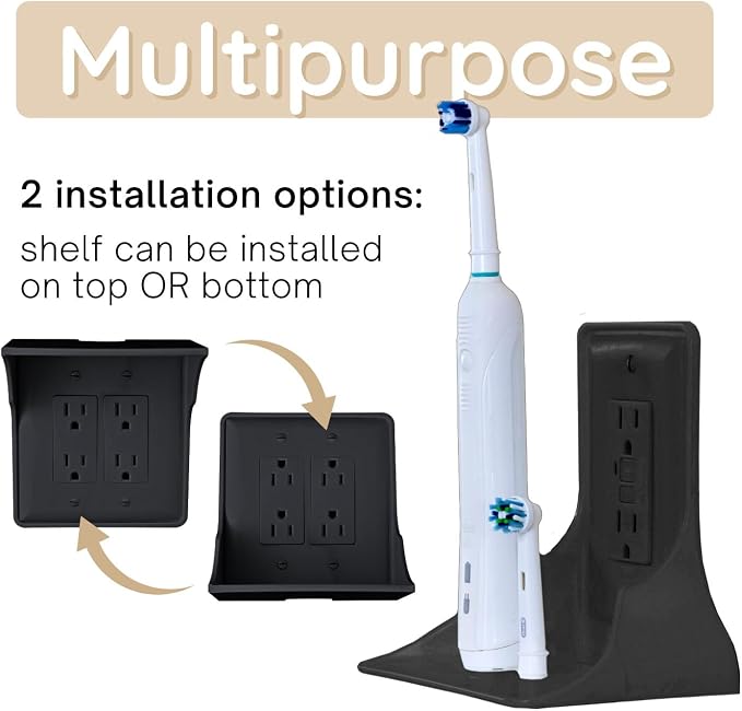Power Perch Double Outlet Shelf Organizer for Alexa Echo Dot Speakers, Phone - Wall Outlet Holder with Cord Storage Strap - Socket Shelf Bathroom Kitchen Counter Charging Station - Black 2 Pack