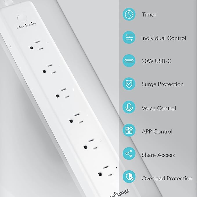 BN LINK Smart Plug Power Strip，Surge Protector with 6 Individually Controlled Smart Outlets, 4 USBs (incl. 20W USB-C), Compatible with Alexa and Google Home