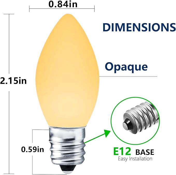 25 Pack C7 Warm White LED Replacement Bulbs – Dimmable White LED Lights Bulbs Decoration, 0.72W Indoor Outdoor Christmas Waterproof Bulbs, Warm Night Light, E12 Candelabra Base, IP:65