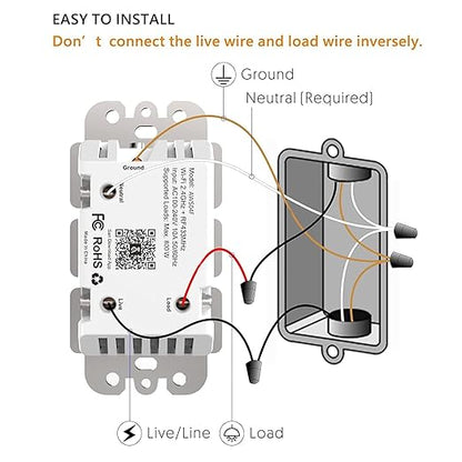 Smart Light Switch with Bluetooth Remote, Single Pole One-Way WiFi Wall Switch, Smart Life App & Voice Control, Compatible with Alexa & Google Assistant, Neutral Wire Required, No Hub Needed