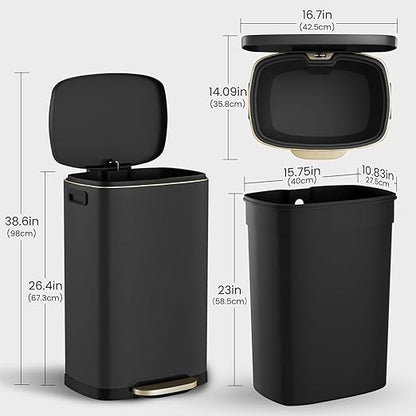 ELPHECO Kitchen Trash Can with Lid Soft Close, 13 Gallon / 50L Stainless Steel Pedal Garbage Can, Heavy-Duty Fingerprint Proof Step Wastebasket with 20 Bags, Removable Bucket, Home Office, Matte Black