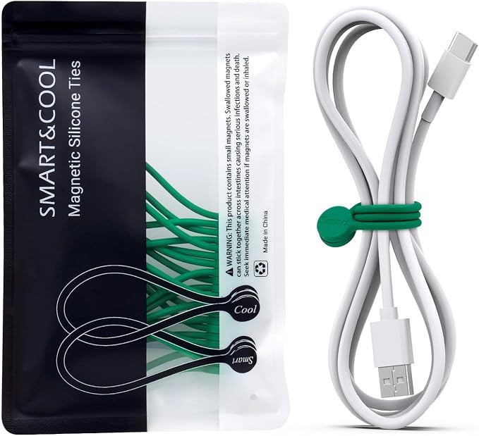 SMART&COOL Reusable Silicone Magnetic Cable Ties, Green, 10-Pack | For Bundling and Organizing, Holding Stuff, Book Markers, Fridge Magnets
