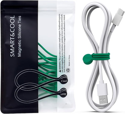 SMART&COOL Reusable Silicone Magnetic Cable Ties, Green, 10-Pack | For Bundling and Organizing, Holding Stuff, Book Markers, Fridge Magnets