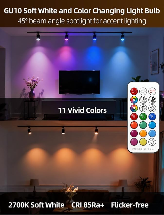 ILC GU10 LED Light Bulb, 40 Watt Equivalent Color Changing 12 Colors 5W Dimmable Warm White 2700K RGB LED Light Bulbs with Remote Control (Pack of 4)