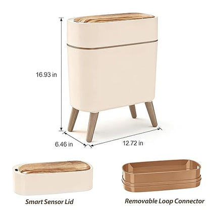 suyika Automatic Trash Can, 2.6 Gallon/10L Bathroom Trash Can with Lid - Wood Grain Lid and Legs, Touchless Waterproof Garbage Bin for Bedroom, Bathroom, Office, Living Room