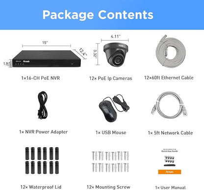 16 Channel Security Camera System 4K PoE, 12x 8MP Wired IP Black Turret Dome Camera with AI Human Vehicle Detection, Built-in Mic, Remote Access 24-7 Recording, 4K 16CH NVR 4TB HDD, PD93A31216-8M