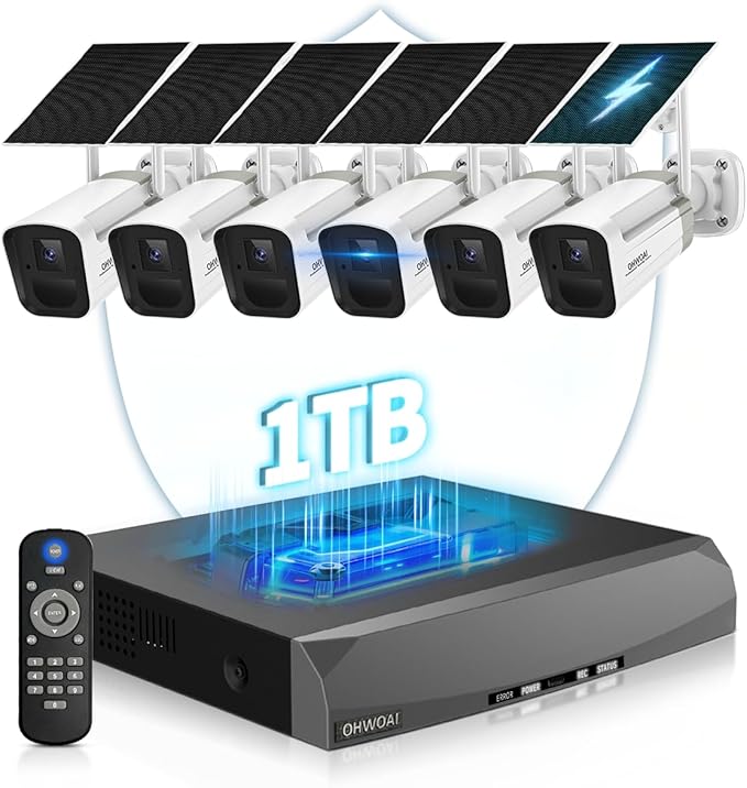 《100% Wire-Free》Wireless Outdoor Security Camera System, Solar Powered WiFi Cameras Systems with PIR Motion Detection, Home Video Surveillance DVR Kits