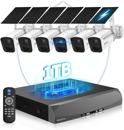 《100% Wire-Free》Wireless Outdoor Security Camera System, Solar Powered WiFi Cameras Systems with PIR Motion Detection, Home Video Surveillance DVR Kits
