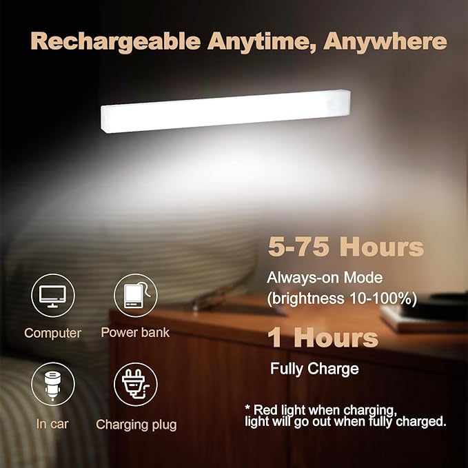 6 Pack Motion Sensor Under Cabinet Light, Magnetic Rechargeable Warm White 2 Color Under Counter Light, 8 Inch LED Closet for Stair Bedroom Cupboard