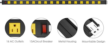 JUNNUJ Long Metal 16 Outlet Wide Spaced Garage Industrial Heavy Duty Power Strip with 6 FT Cord 15A, 125V, 1875W. Yellow