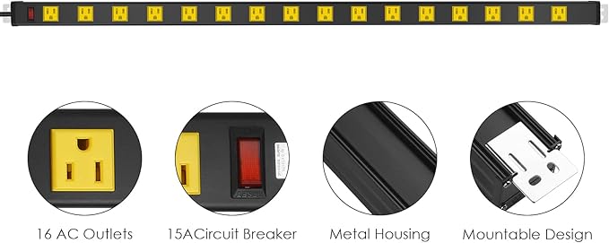 JUNNUJ Long Metal 16 Outlet Wide Spaced Garage Industrial Heavy Duty Power Strip with 10 FT Cord 15A, 125V, 1875W. Yellow