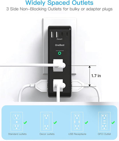 Surge Protector Outlet Extender with Rotating Plug, 6 AC Multi Plug Outlet with 4 USB Ports (2 USB C), 3-Sided 1800 J Swivel Power Strip with Spaced Outlet Splitter for Home Dorm, Black, 2 Pack