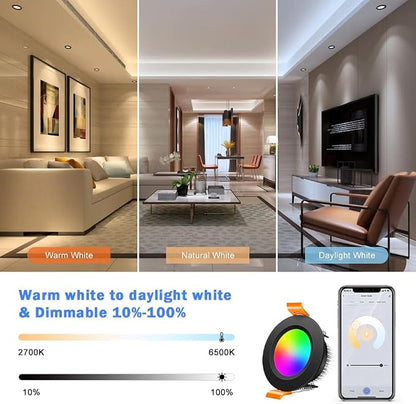 inShareplus 2 Inch Smart LED Recessed Lighting, 5W WiFi RGB Downlight, CCT 2700K-6500K Dimmable Color Changing Ceiling Light with LED Driver, Compatible with Alexa and Google Home, 120V, 6 Pack, Black