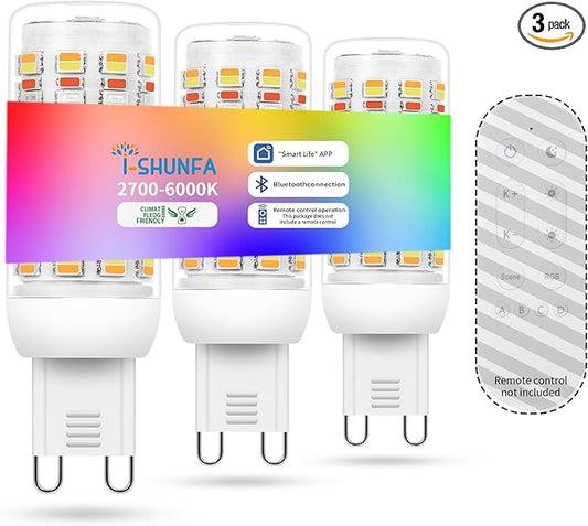 I-SHUNFA Smart G9 RGBCW LED Bulbs, App Control, AC 120V, 2700K-6500K + 16M Colors, Dimmable 1%-100%, 4W 400LM, Music Sync, Timer (3 Pack Bulbs Only)