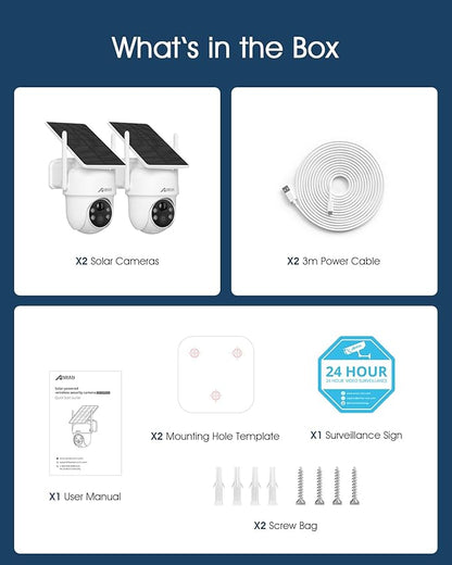 ANRAN Solar Security Cameras Wireless Outdoor,2K Cameras for Home Security with Fixed Solar Panel, 360° PTZ for Home Surveillance,2.4G WiFi, PIR Human Detection, 3MP Color Night Vision, 2 Pack