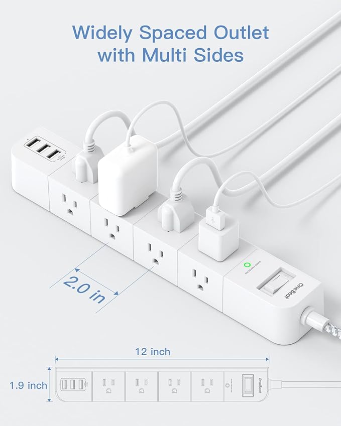 One Beat 10 ft Extension Cord,Power Strip Surge Protector 8 Widely AC Outlets 3 USB,Flat Plug,Desktop Charging Station with Overload Protection,Wall Mount for Home,Office,Travel,Computer ETL Listed