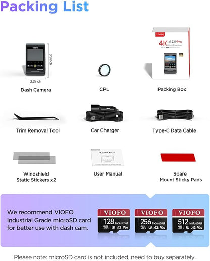 VIOFO A229 PRO 1CH 4K HDR Front Dash Cam with 8MP STARVIS 2 Sensor, Night Vision 2.0, Voice Control, 5GHz WiFi, 24H Parking Mode, Support 512GB Max