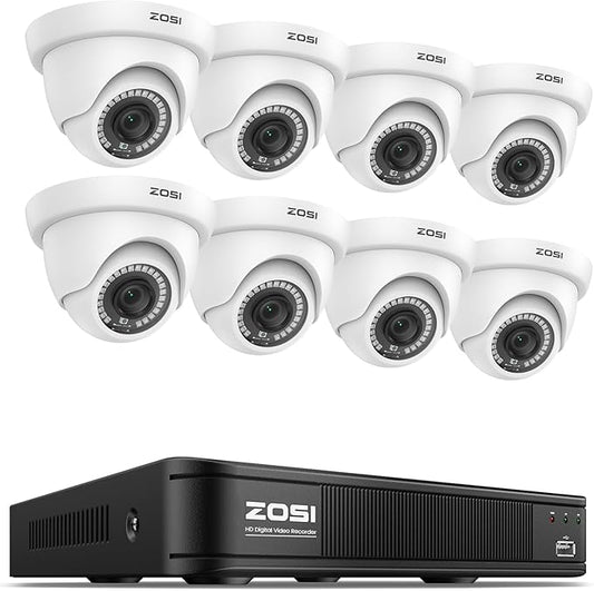 ZOSI 1080P H.265+ Home Security Camera System, AI Human Vehicle Detect, 5MP Lite 8 Channel Surveillance DVR, 8 x 1080p Weatherproof CCTV Dome Camera Outdoor, 80ft Night Vision, Remote Access (No HDD)