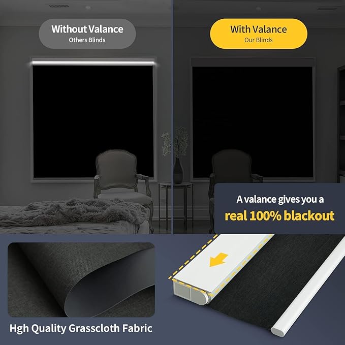 Motorized Blinds with Remote, Grasscloth Fabric Smart Blinds with Valance Cover, Cordless Automatic Roller Shades, Blackout Electric Blinds for Windows,Black 30" W x 72" H