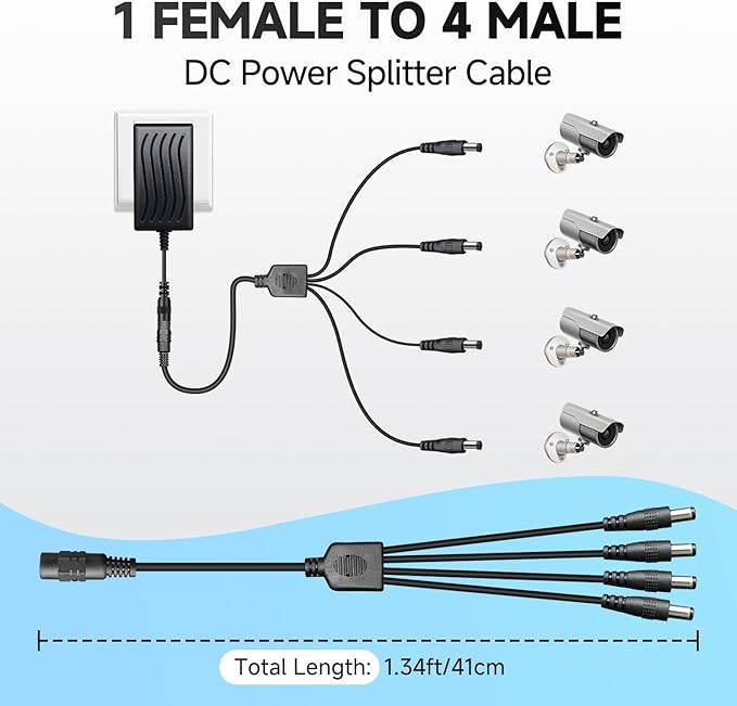 Power Adapter AC 100-240V to DC 12V 2A (2000mA) & 4-Way Power Splitter Cable for CCTV Security Cameras/DVR/NVR/LED Strip Lights/Routers and More, UL/FCC/CE Certificated (6ft)