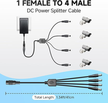 Power Adapter AC 100-240V to DC 12V 2A (2000mA) & 4-Way Power Splitter Cable for CCTV Security Cameras/DVR/NVR/LED Strip Lights/Routers and More, UL/FCC/CE Certificated (6ft)