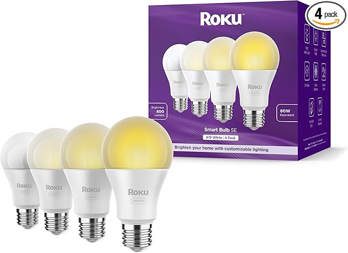 Roku Smart Light Bulbs (White, 4-Pack) - Dimmable A19 Lightbulbs with Adjustable Brightness & Temperature - WiFi Smart Bulbs Works with Roku Voice, Alexa & Google Assistant, No Hub Required