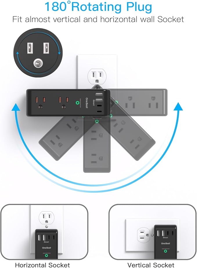 Surge Protector Outlet Extender with Rotating Plug, 6 AC Multi Plug Outlet with 4 USB Ports (2 USB C), 1800 Joules, 3-Sided Swivel Power Adapter with Spaced Outlet Splitter for Dorm, Office, Black