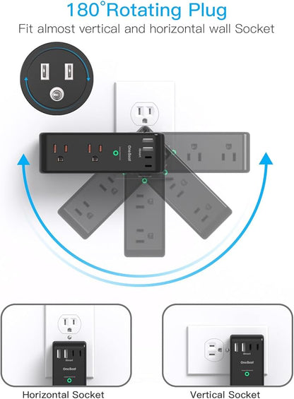 Surge Protector Outlet Extender with Rotating Plug, 6 AC Multi Plug Outlet with 4 USB Ports (2 USB C), 1800 Joules, 3-Sided Swivel Power Adapter with Spaced Outlet Splitter for Dorm, Office, Black