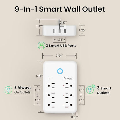 GHome Smart Plug Outlet Extender, USB Wall Charger with 3 Individual Smart Outlets and 3 Smart USB Ports, Works with Alexa Google Home, Surge Protector Plug Extender for APP Control,15A/1800W