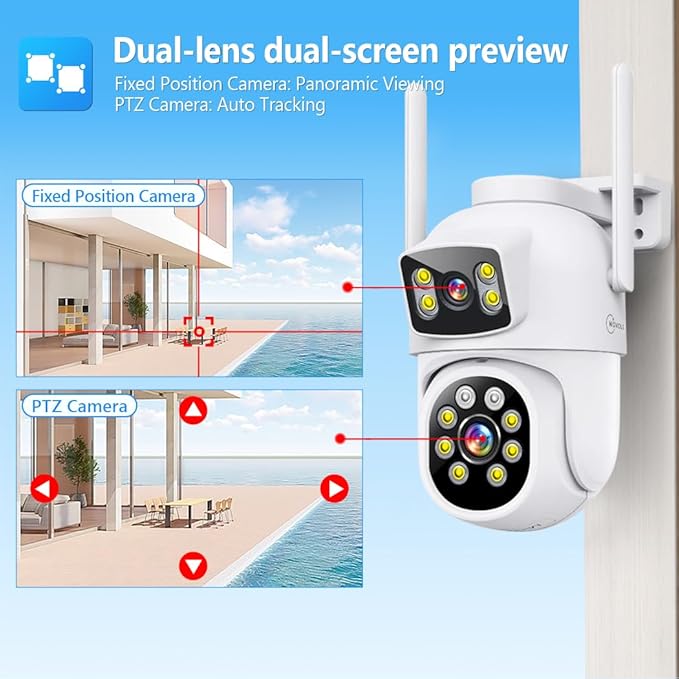 MOVOLS Wireless Security Camera System 5G/2.4G WiFi 4pcs 4MP+4MP Dual Lens Camera System,2K HD PTZ Dome Cameras System with Color Night Version, Motion Detection,1TB HDD, 16CH