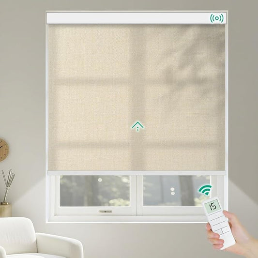 Motorized Roller Shades, Light Filtering Remote Control Custom Window Shades Compatible with Alexa Google Assistant via RF Hub, Rechargeable Electric Blinds for Windows (Beige)