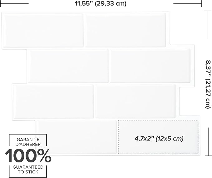 Smart Tiles Peel and Stick backsplash, Subway Pure White, 11.55"x8.38" | Pack of 5 (2.8 sq ft), Glossy, Heat/Moisture Resistant, Low VOC, Kitchen/Bathroom, Renter Friendly, Made in Canada