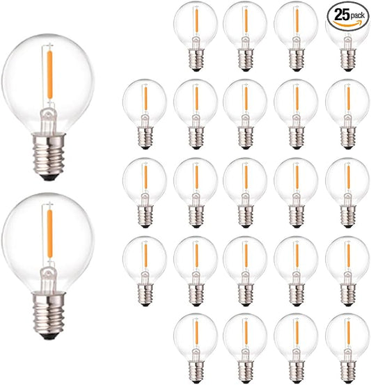 G40 LED Replacement Bulbs for Outdoor String Lights, 0.6W Dimmable Shatterproof Globe Bulbs, E12 Candelabra Base, Warm White, 25-Pack