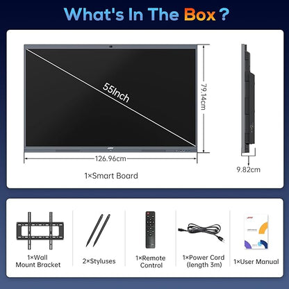 JAV Smart Board Interactive Whiteboard for Classroom Office Home, 4K UHD 8+128GB Touchscreen Smartboard with Built-in EDLA Licensed Android OS & Open App Ecosystem, Wi-Fi & Bluetooth