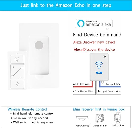 Humpptom Wireless Dimmer Light Switch and Receiver Compatible With Alexa - Smart Wall Switch for Ceiling Lights, Fans, Lamps
