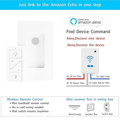 Humpptom Wireless Dimmer Light Switch and Receiver Compatible With Alexa - Smart Wall Switch for Ceiling Lights, Fans, Lamps