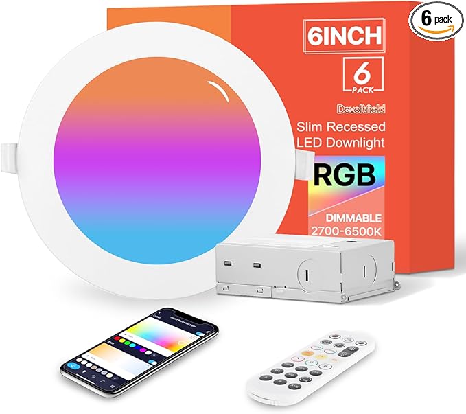 6Pack 6Inch Smart LED RGB Recessed Lighting, Color Changing Canless Downlight, 2700K-6500K, 2.4GHz Wi-Fi & Bluetooth, 12W 1200lm, Works with Tuya App, Alexa & Google Assistant, Gateway Included