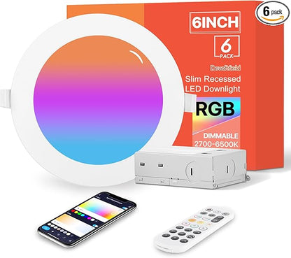 6Pack 6Inch Smart LED RGB Recessed Lighting, Color Changing Canless Downlight, 2700K-6500K, 2.4GHz Wi-Fi & Bluetooth, 12W 1200lm, Works with Tuya App, Alexa & Google Assistant, Gateway Included