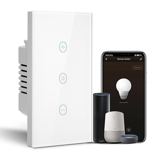 BSEED Dimmer Switch, 2.4GHz Smart Dimmer Light Switch Compatible with Alexa and Google Home, Neutral Wire Required, Touch Single Pole Dimmer Switch for Lamp, Remote Voice Control, White