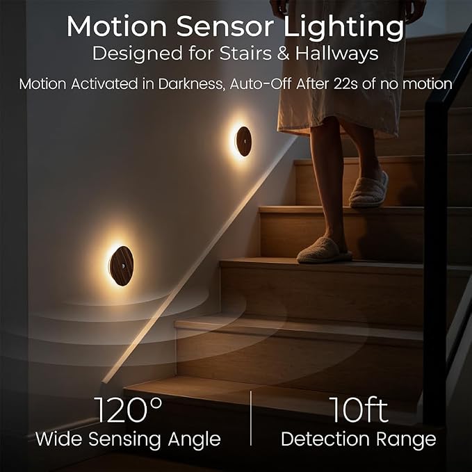 Motion Sensor Night Light 2 Packs, Wood Rechargeable Stair Lights