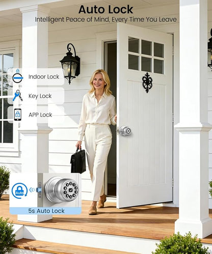 Smart Door Knob, Keypad Door Lock with Remote App Control, Code & Key, Auto-Lock,Keyless Entry Door Lock for Front Door,Easy-Install Locks for Home, Office & Apartment.