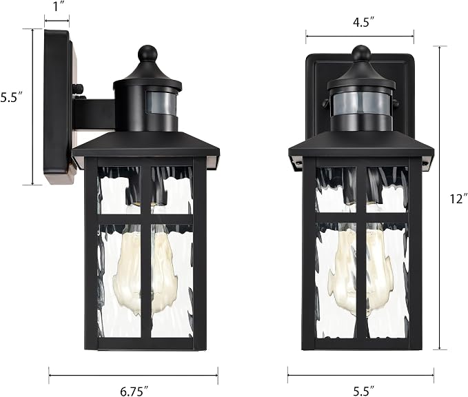 Edvivi Outdoor Wall Lights Exterior, Dusk to Dawn Motion Sensor Outdoor Lighting Fixture with Water Glass, 12 in. H 1-Light Matte Black Waterproof Wall Lantern Light for Patio Garden Garage Entryway