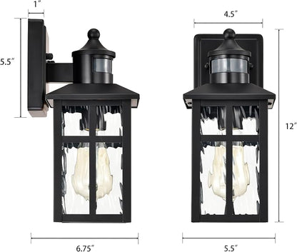 Edvivi Outdoor Wall Lights Exterior, Dusk to Dawn Motion Sensor Outdoor Lighting Fixture with Water Glass, 12 in. H 1-Light Matte Black Waterproof Wall Lantern Light for Patio Garden Garage Entryway